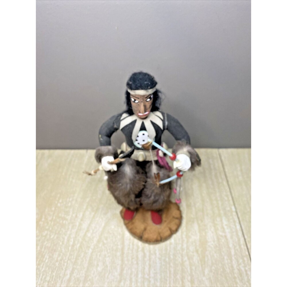 12" Hand Carved Kachina Doll Bear Signed Native American Warrior w/ Bow & Arrow